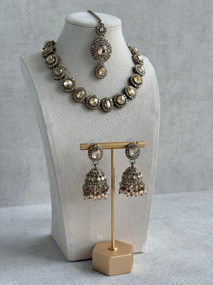 Ayura Designs Eira Necklace Set with Earrings & Tikka – Champagne Gold Crystal Stones with Antique Gold Finish