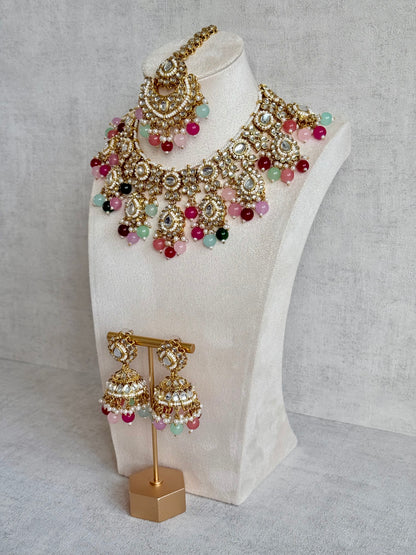 Ayura Designs Iyla Set with Necklace, Earrings & Tikka – Kundan Detailing, Ivory Pearl Drops & Multicolour Beads