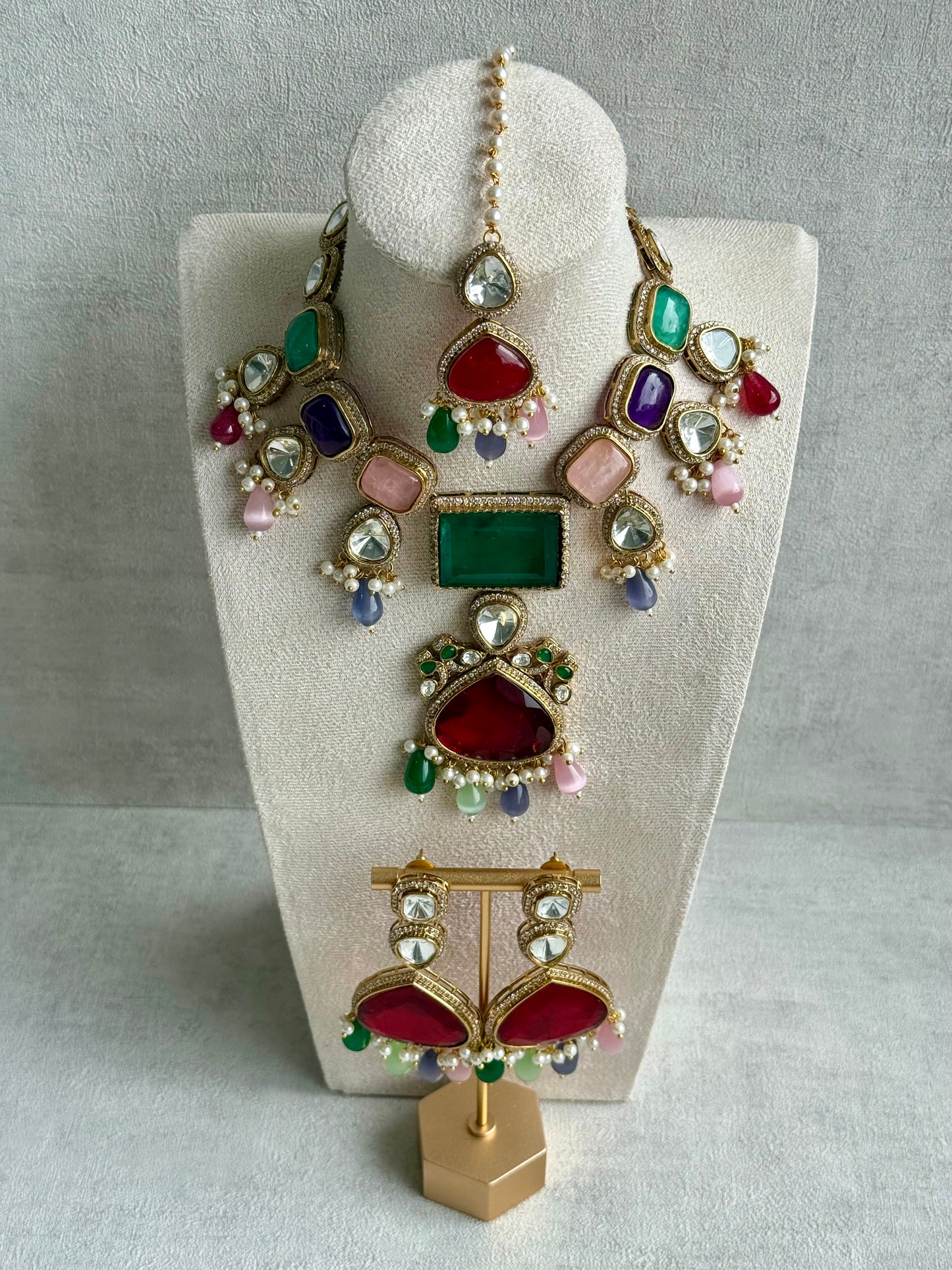Ayura Designs Lara Set – Statement Multicolour Necklace, Earrings & Tikka with Ruby, Emerald & Pastel Beads