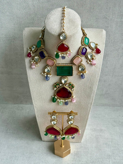 Ayura Designs Lara Set – Statement Multicolour Necklace, Earrings & Tikka with Ruby, Emerald & Pastel Beads