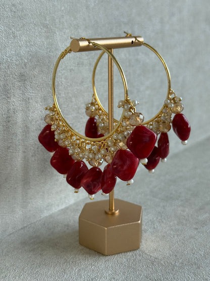 Ayura Designs Heer Balis – Gold Hoops with Ruby Marble Beads, Pearls & Crystal Detailing