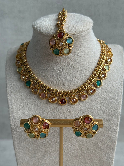 Ayura Designs Amala Set with Necklace, Studs & Tikka – Blush Pink & Pistachio Green Stones, Antique Gold Finish