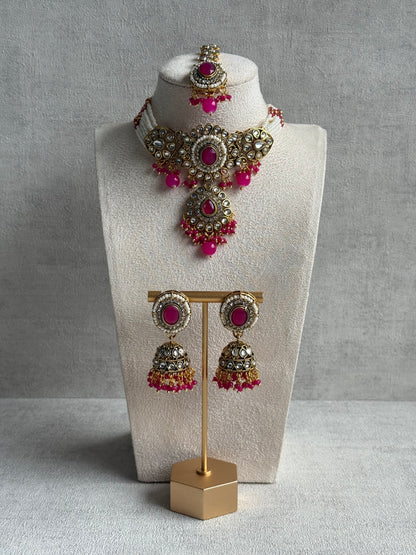 Ayura Designs Muskaan Set – Choker, Jhumkis & Tikka with Hot Pink Beads, Kundan Stones & Antique Gold Finish