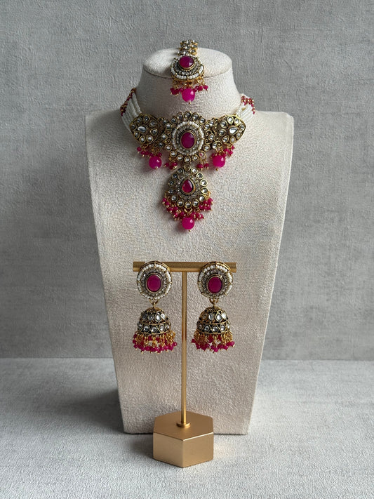 Ayura Designs Muskaan Set – Choker, Jhumkis & Tikka with Hot Pink Beads, Kundan Stones & Antique Gold Finish