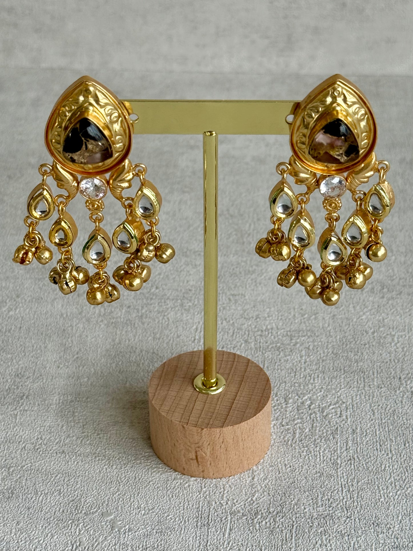 Ayura Designs Arheer Earrings – Onyx & Bronze Marble with Kundan Detailing & Antique Gold Ghungroos