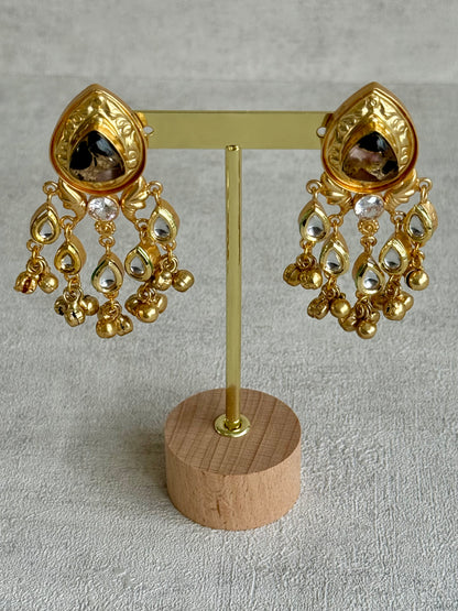 Ayura Designs Arheer Earrings – Onyx & Bronze Marble with Kundan Detailing & Antique Gold Ghungroos