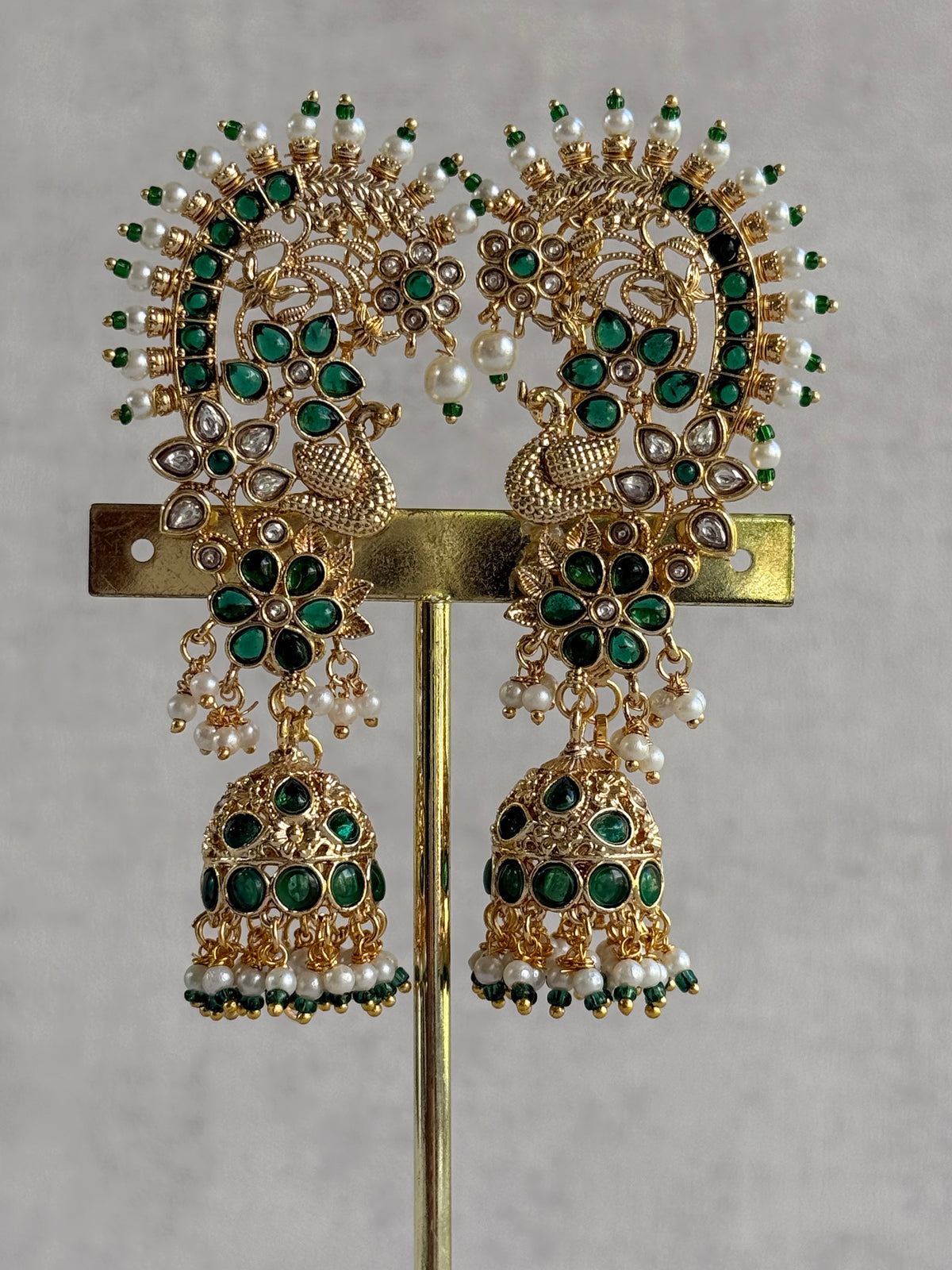 Ayura Designs Nitya Kaanphool Jhumkis – Gold Peacock Motifs, Emerald Green Kundan & Pearl Drops with Attached Sahare