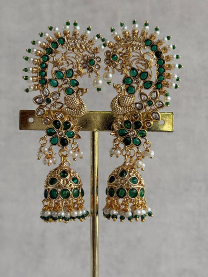 Ayura Designs Nitya Kaanphool Jhumkis – Gold Peacock Motifs, Emerald Green Kundan & Pearl Drops with Attached Sahare