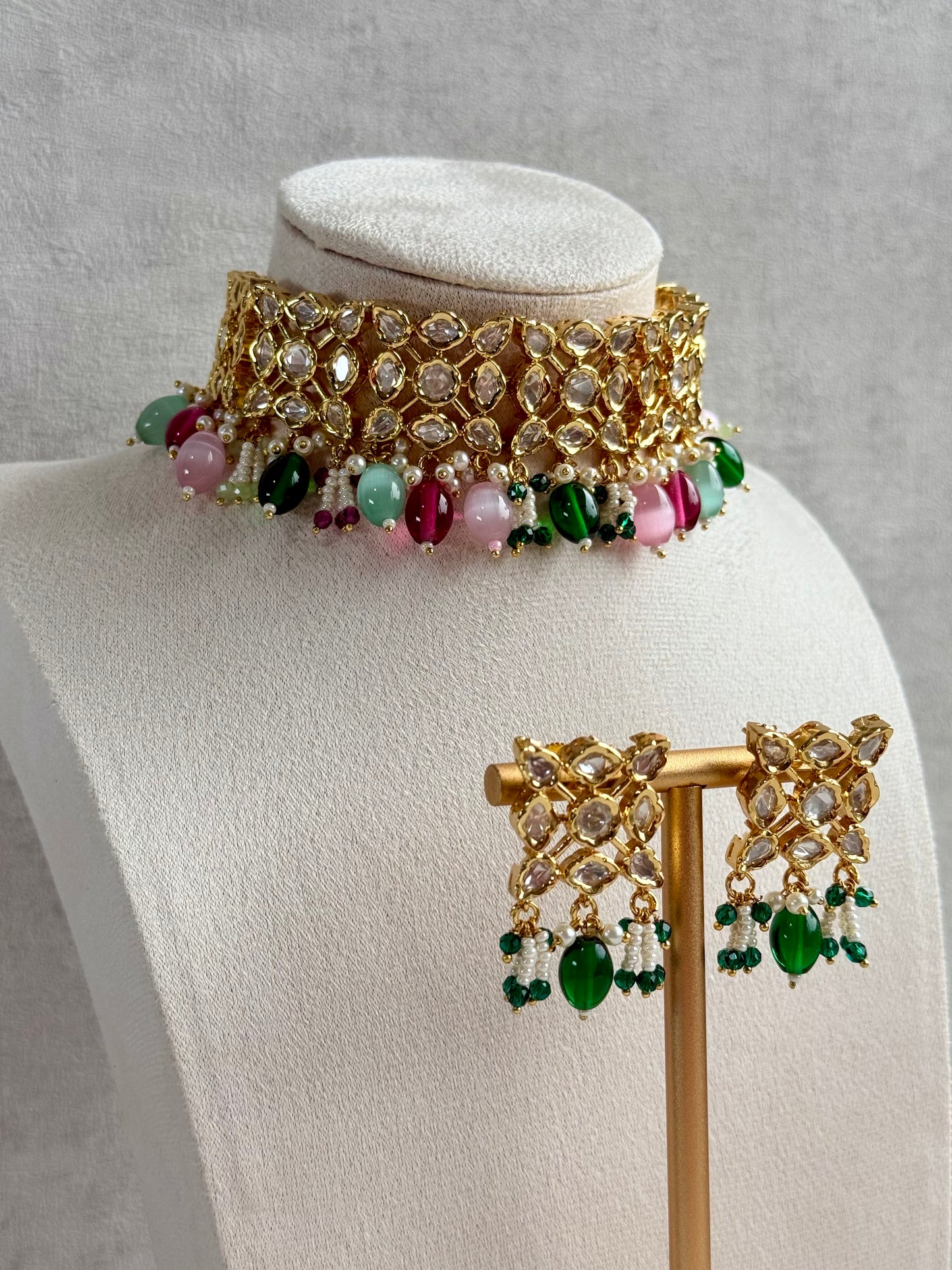 Ayura Designs Navya Choker Set with Earrings – Gold Finish with Moissanite Stones, Lattice Design, Emerald Beads & Pearl Detailing
