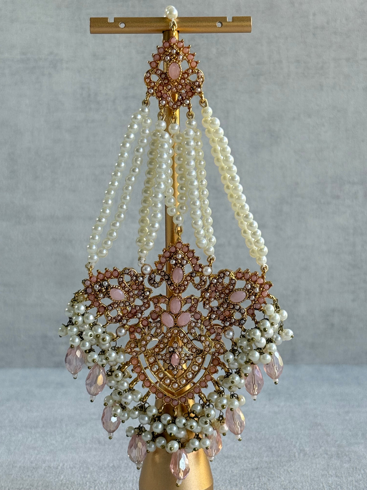 Ayura Designs Zahara Jhoomar Passa – Blush Pink Stones, Ivory Pearls & Gold Finish