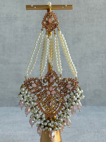 Ayura Designs Zahara Jhoomar Passa – Blush Pink Stones, Ivory Pearls & Gold Finish