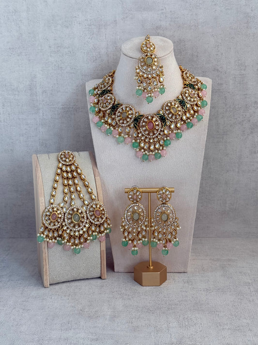 Ayura Designs Zara Set with Necklace, Earrings, Tikka & Passa – Antique Gold with Kundan Detailing & Mint Green & Blush Pink Beads