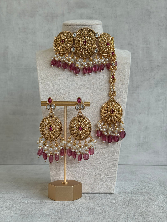 Ayura Designs Tanveer Choker Set with Earrings & Tikka – Antique Gold with Mirror-Cut Stones & Ruby Red Beads