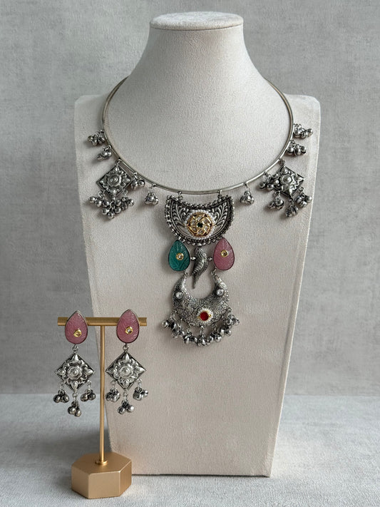 Ayura Designs Jiyana Collar Necklace Set – Blush Pink & Aqua Green Carved Teardrop Stones & Oxidised Silver Finish