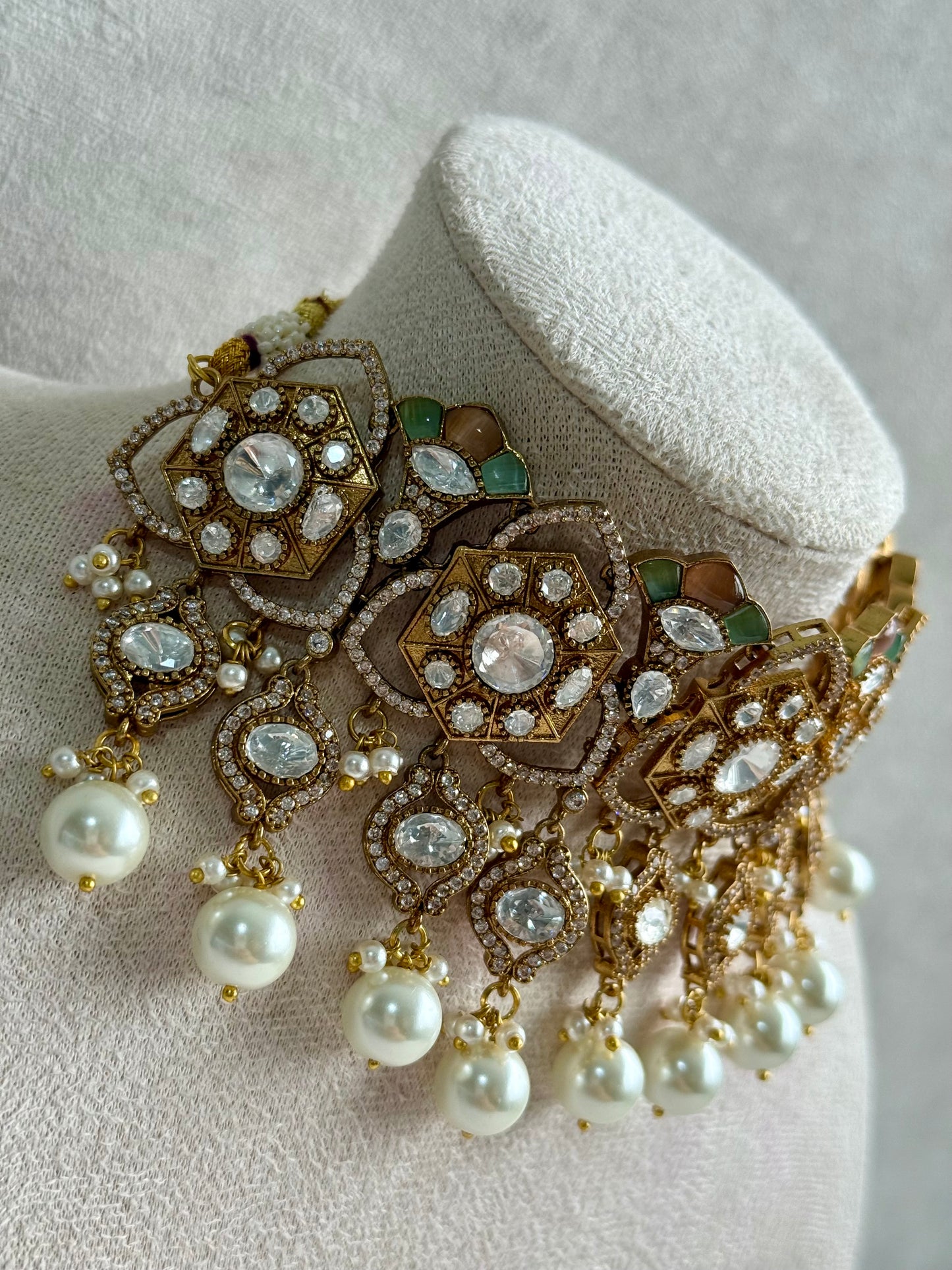 Ayura Designs Serina Choker Set with Earrings – Peach & Pistachio Enamel, Mirror-Cut Stones & Pearl Drops