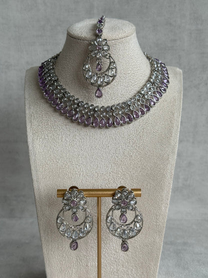 Ayura Designs Qirat Set with Earrings & Tikka – Soft Lilac Stones, Mirror-Cut Detailing & Silver Finish