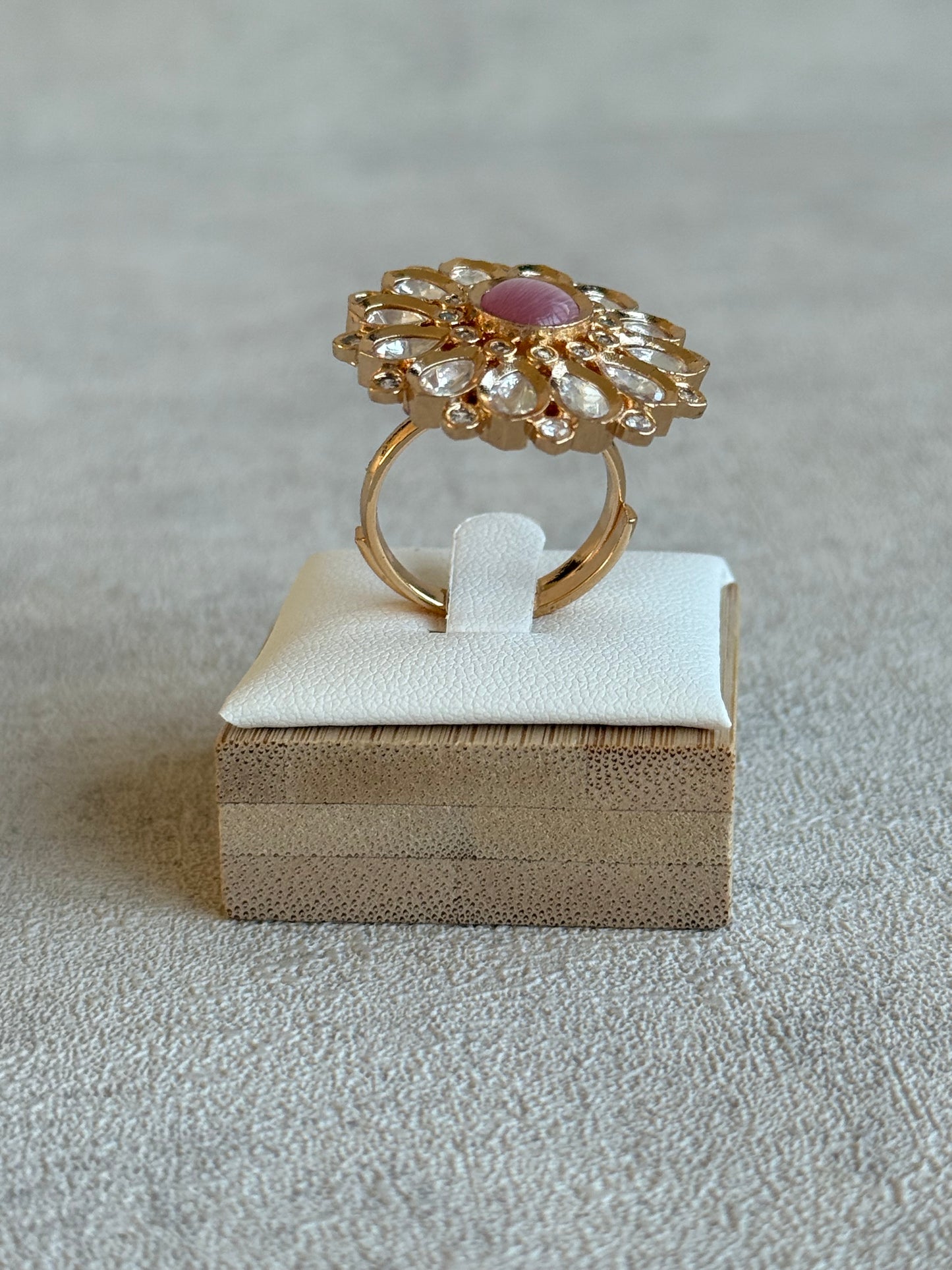 Ayura Designs Luisa Adjustable Ring – Blush Pink Centre Stone with Crystal Petal Detailing