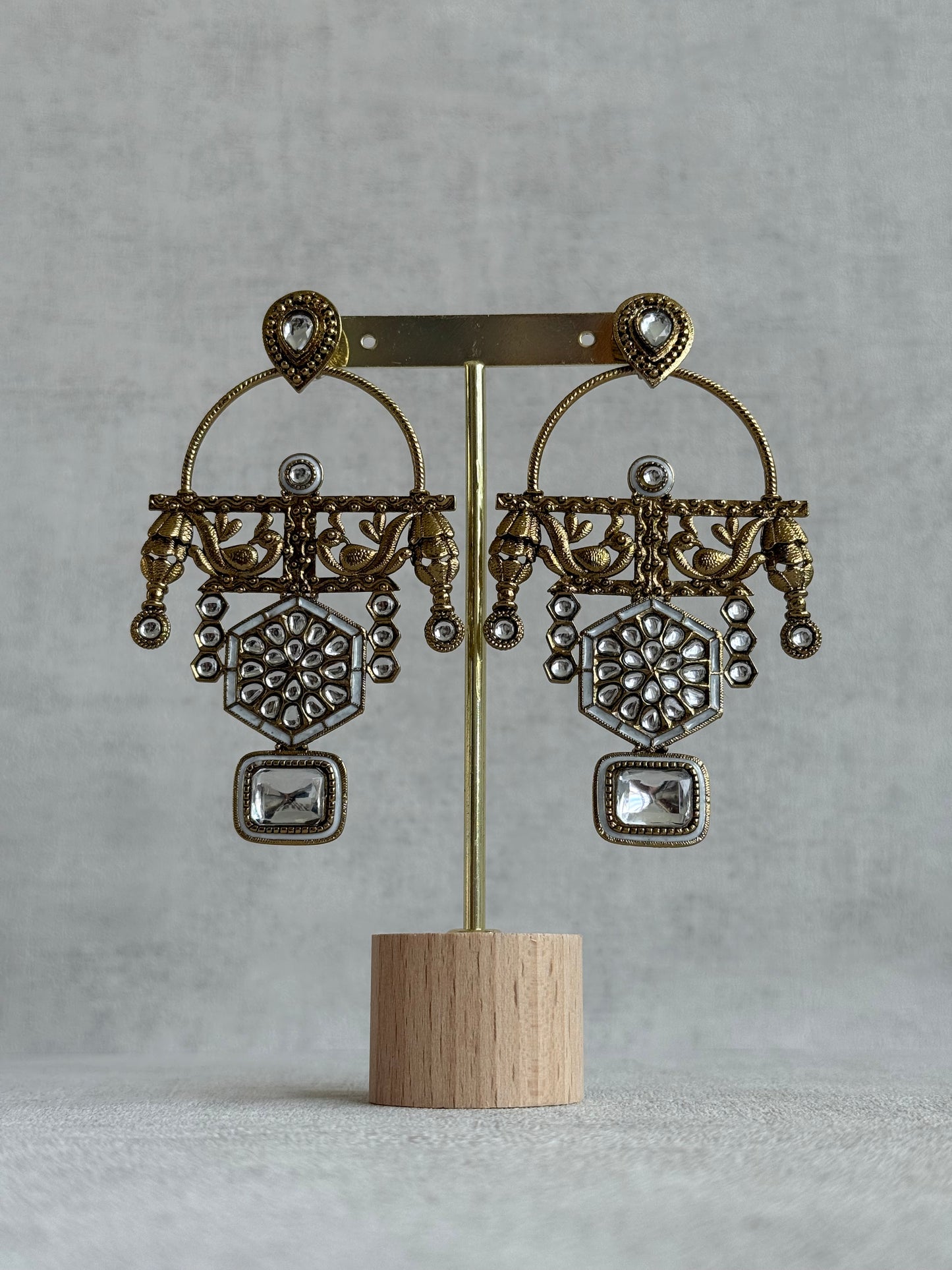 Ayura Designs Irene Earrings – Ivory Kundan, Meenakari & Crystal Peacock Chandeliers in Gold
