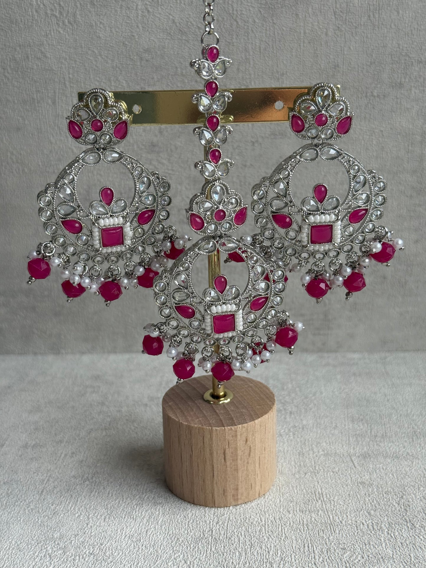 Ayura Designs Geet Set – Choker, Earrings & Tikka with Fuchsia Stones, Pearls & Silver Finish