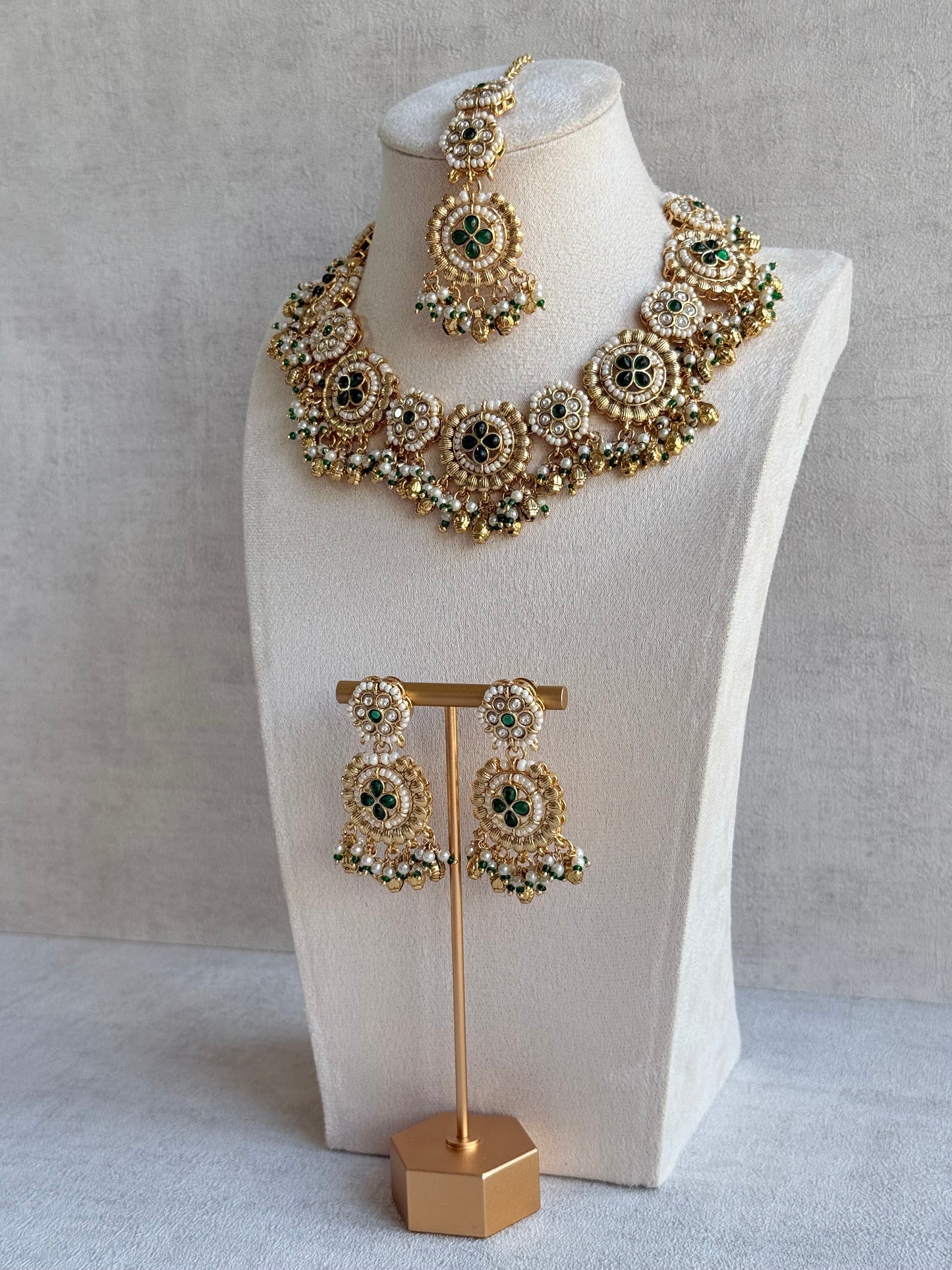 Ayura Designs Manika Necklace Set with Earrings & Tikka – Gold Finish with Emerald Green Stones, Pearls & Ghungroos