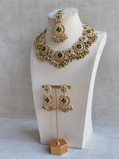 Ayura Designs Manika Necklace Set with Earrings & Tikka – Gold Finish with Emerald Green Stones, Pearls & Ghungroos