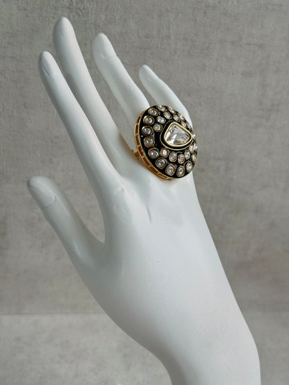 Ayura Designs Firdos Adjustable Ring – Mirror-Cut Stone Statement Ring with Green Enamel