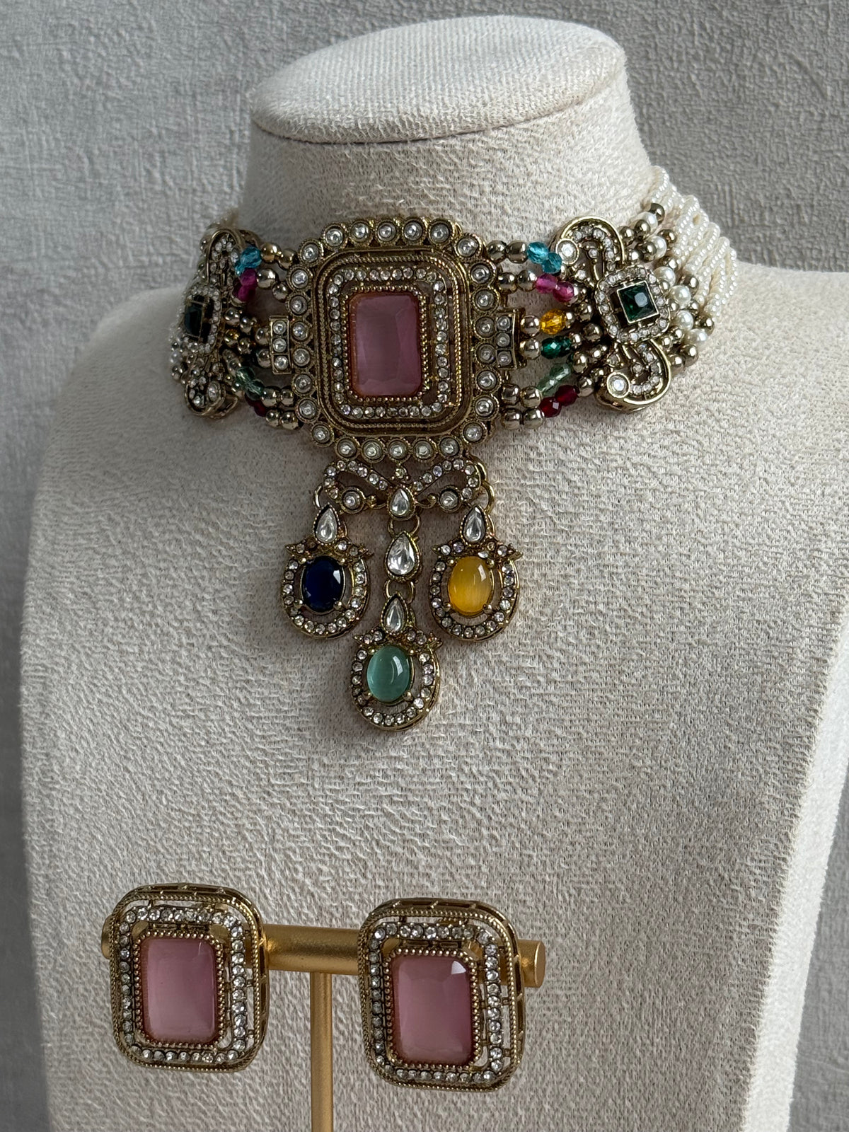 Ayura Designs Nabiha Choker Set with Studs – Blush Pink & Multicolour Stones, Pearl Detailing & Antique Gold Finish