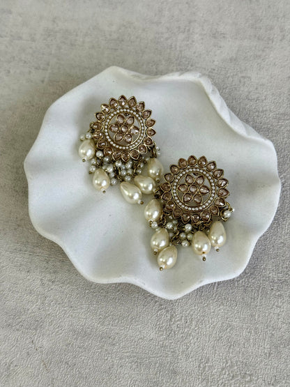Ayura Designs Aynoor Lotus Ring Earrings – Antique Gold Finish with Mirror-Cut Stones & Pearl Drops