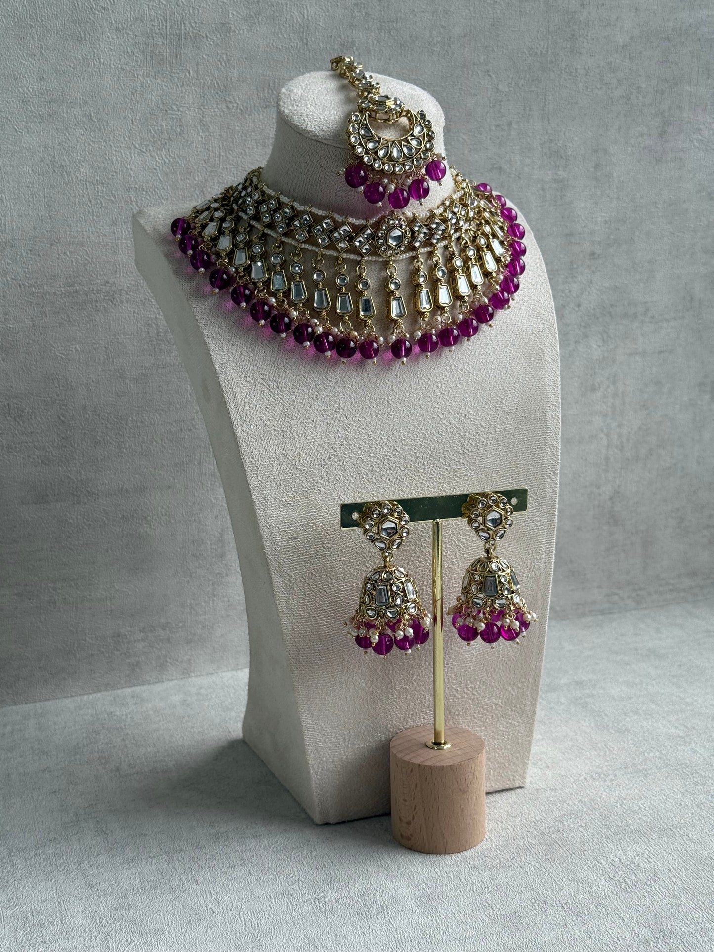 Ayura Designs Shaheen Set with Jhumkis & Tikka – Magenta Beads, Mirror Kundan & Gold Finish