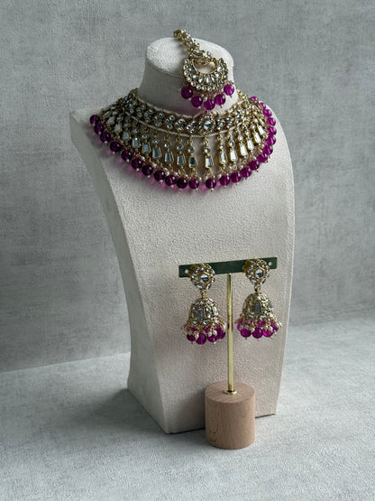 Ayura Designs Shaheen Set with Jhumkis & Tikka – Magenta Beads, Mirror Kundan & Gold Finish