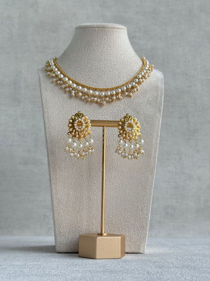 Ayura Designs Tarz Necklace Set with Earrings – Gold Pearl Layered Fringe Design with Pearl Drops