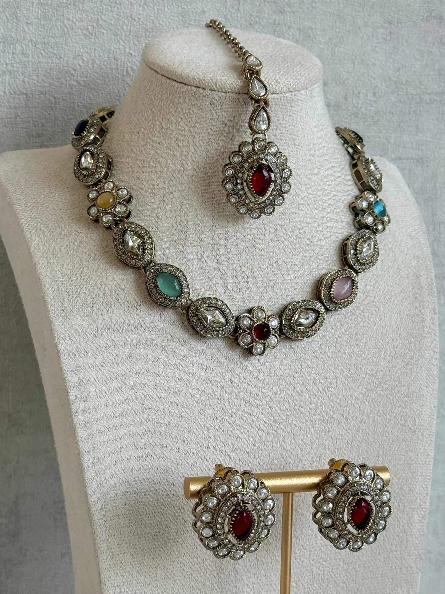 Ayura Designs Ivy Necklace Set with Studs & Tikka – Multicolour Kundan Detailing