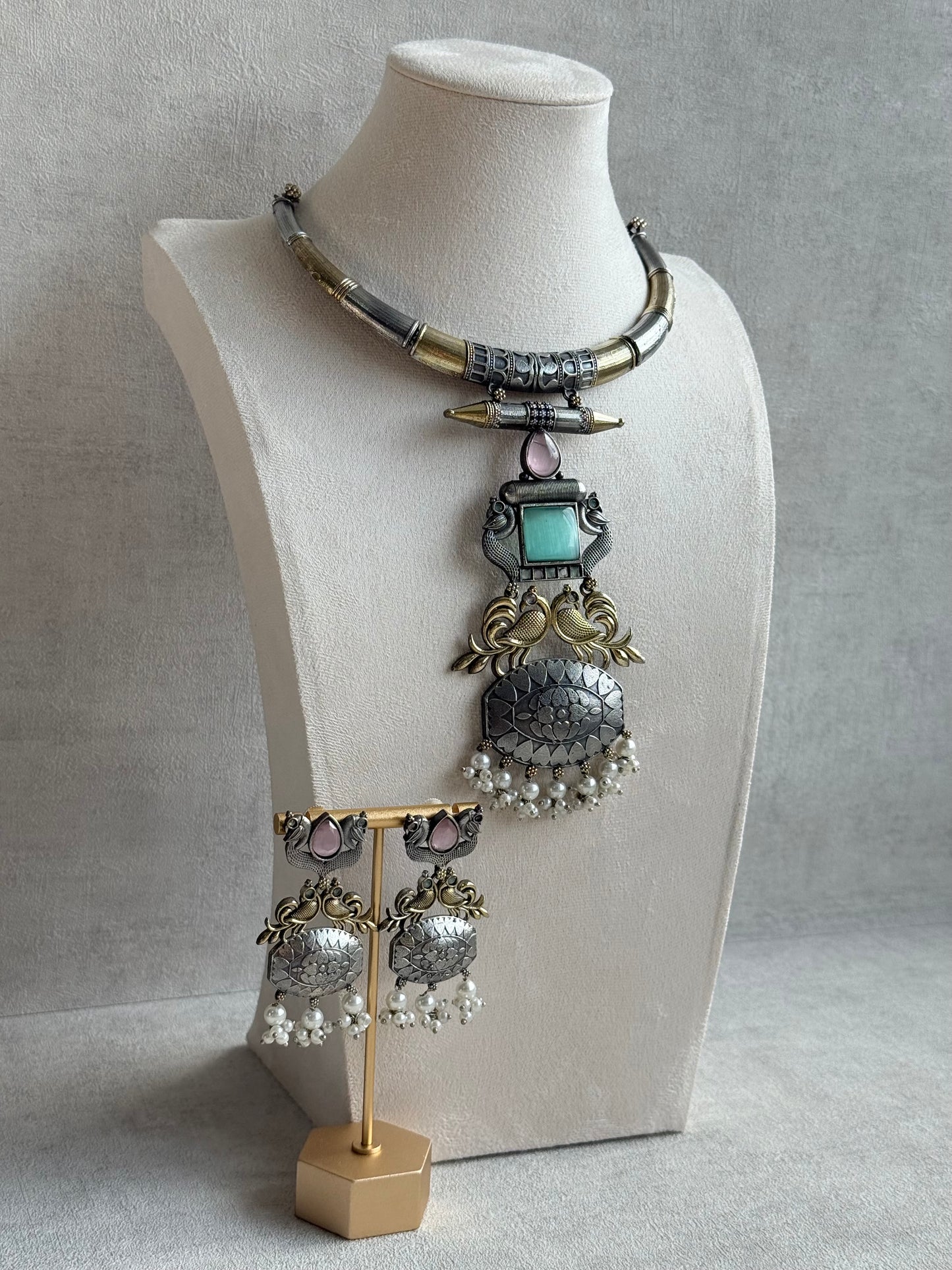 Ayura Designs Tansen Necklace Set with Earrings – Dual Tone Oxidised Necklace with Bird Motifs, Aqua Centre Stone & Pearl Detailing