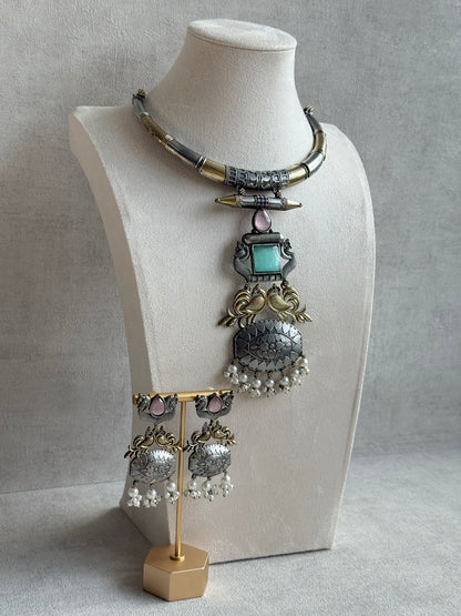 Ayura Designs Tansen Necklace Set with Earrings – Dual Tone Oxidised Necklace with Bird Motifs, Aqua Centre Stone & Pearl Detailing