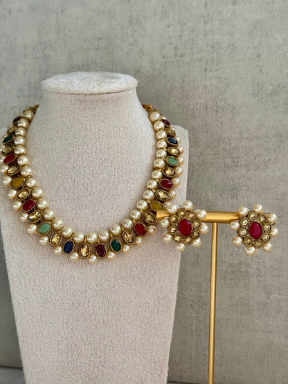 Ayura Designs Hala Set with studs– in Elegant Multicoloured Stones & Ivory Beads