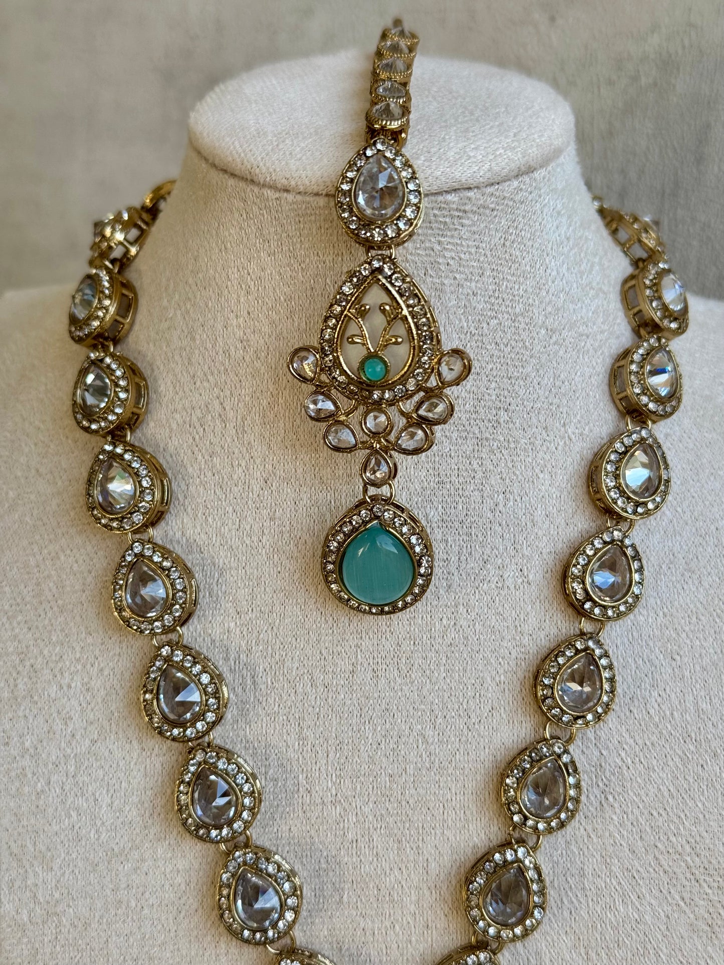 Ayura Designs Ayaani Long Necklace/Haar Set — Exquisite Turquoise and Gold Ensemble with Earrings & Tikka