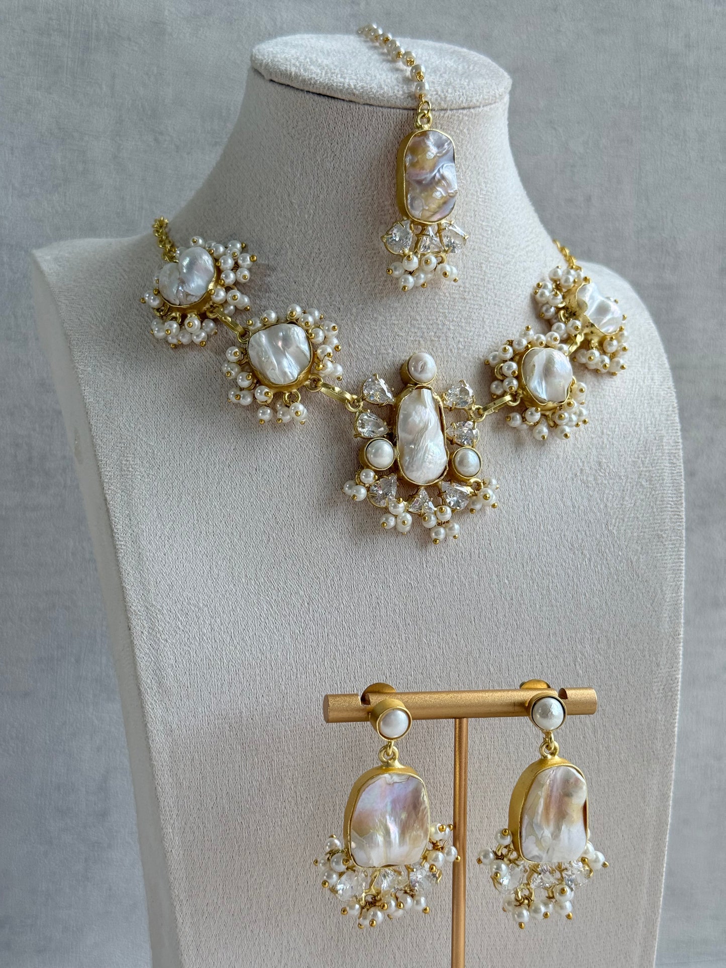 Ayura Designs Niamh Set with Tikka & Earrings - Baroque Pearl, Mother of Pearl & Crystals