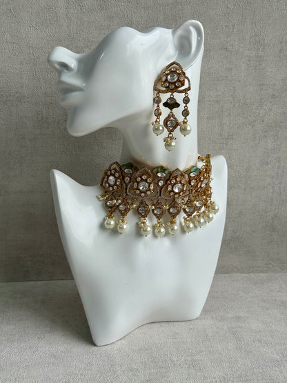Ayura Designs Serina Choker Set with Earrings – Mint & Pistachio Enamel, Mirror-Cut Stones & Pearl Drops