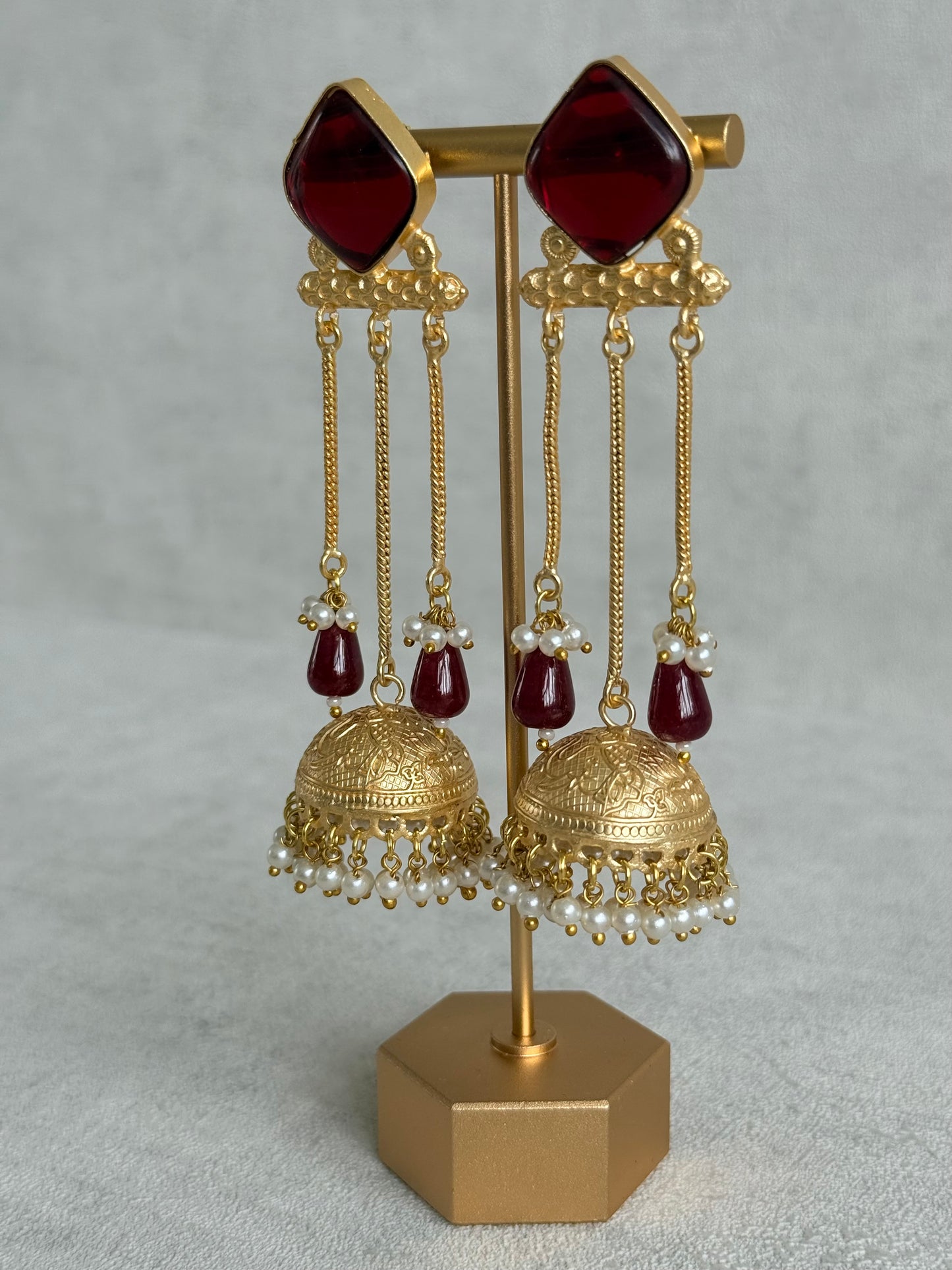 Ayura Designs Mahwina Jhumkis – Ruby Red Stones with Chain Drops & Pearl Detailing