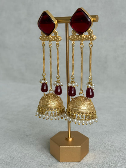 Ayura Designs Mahwina Jhumkis – Ruby Red Stones with Chain Drops & Pearl Detailing