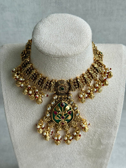 Ayura Designs Divya Set – Antique Gold Choker with Green Meenakari, Ruby Stones & Pearl Detailing