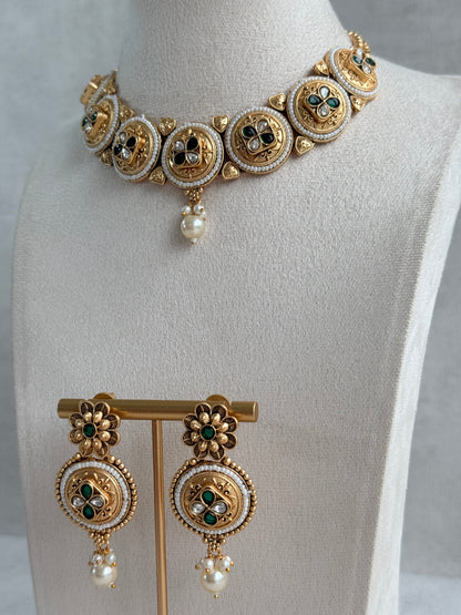 Ayura Designs Kaya Necklace Set with Earrings – Emerald Green Kundan Stones, Pearls & Antique Gold Finish