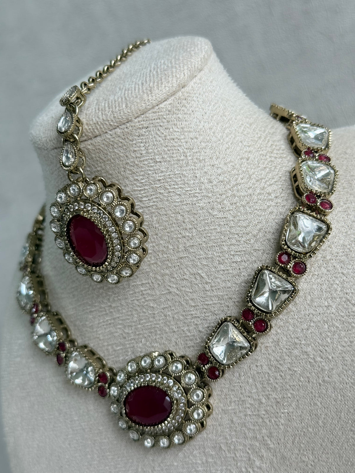 Ayura Designs Inza Necklace Set – Rani Pink Stones, Kundan & Crystals with Antique Gold Finish