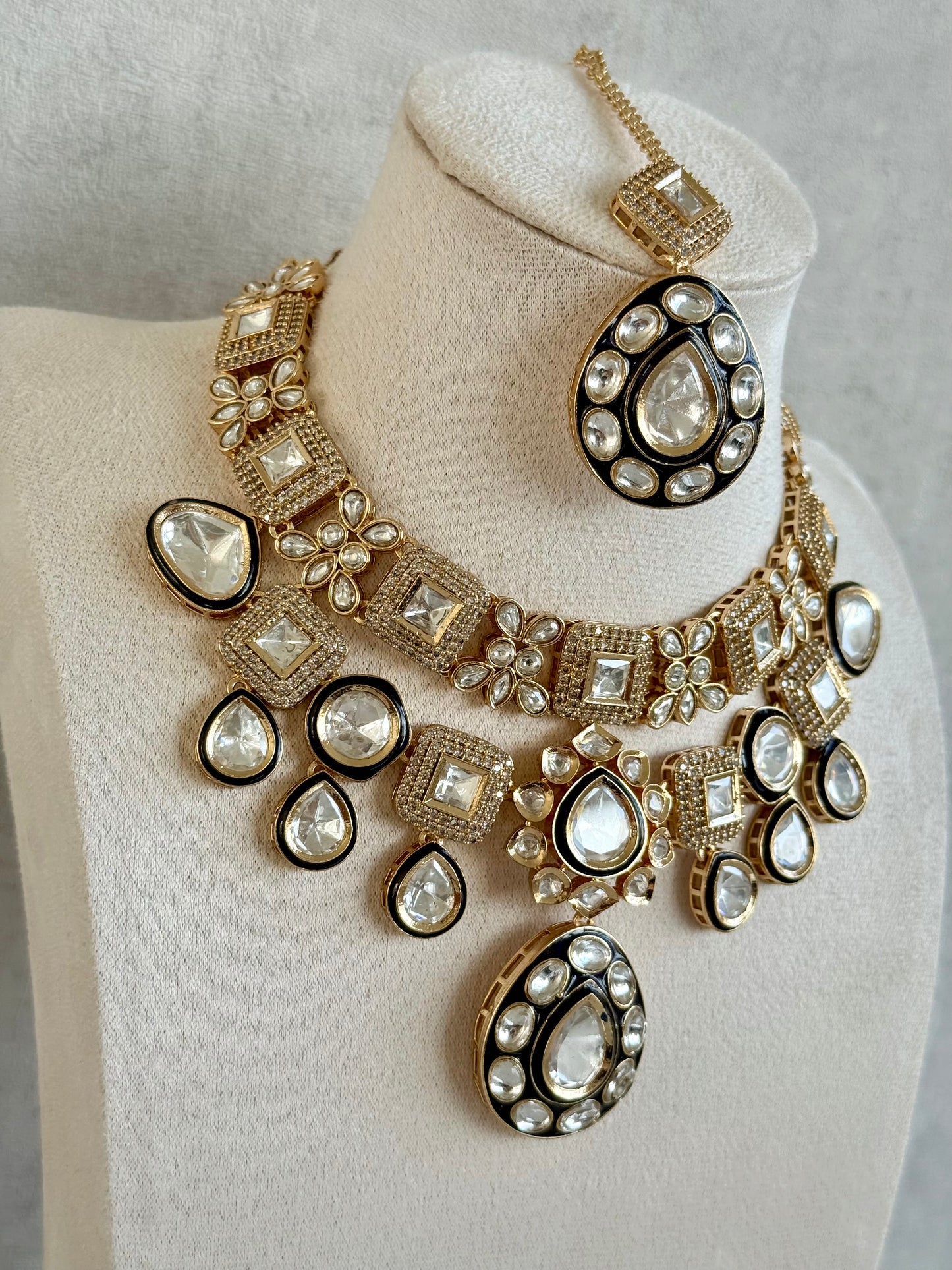 Ayura Designs Avani Set with Earrings & Tikka – Mirror-Cut Stones with Deep Blue Enamel Detailing & Crystal Borders
