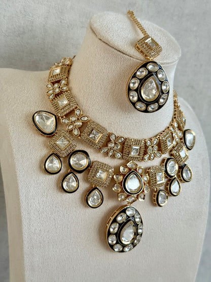Ayura Designs Avani Set with Earrings & Tikka – Mirror-Cut Stones with Deep Blue Enamel Detailing & Crystal Borders