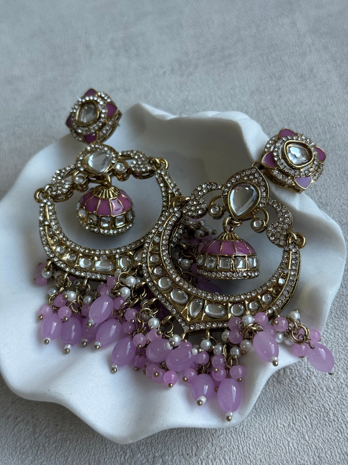 Ayura Designs Reha Earrings – Statement Chandbalis with Lavender Pink Beads, Pearls & Mirror-Cut Stones