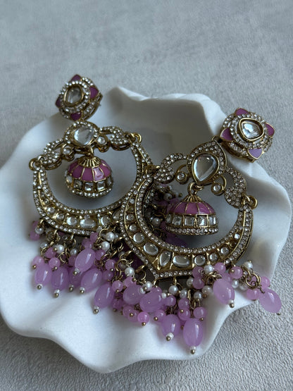 Ayura Designs Reha Earrings – Statement Chandbalis with Lavender Pink Beads, Pearls & Mirror-Cut Stones