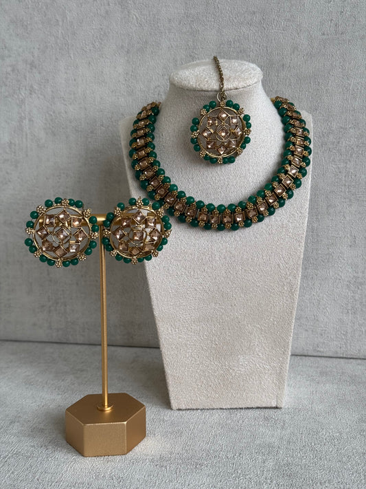 Ayura Designs Hala Set with Tikka & Studs – Emerald Green Beads & Champagne Kundan