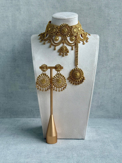 Ayura Designs Sahiban Set – Antique Gold Choker, Earrings & Tikka with Textured Filigree Motifs