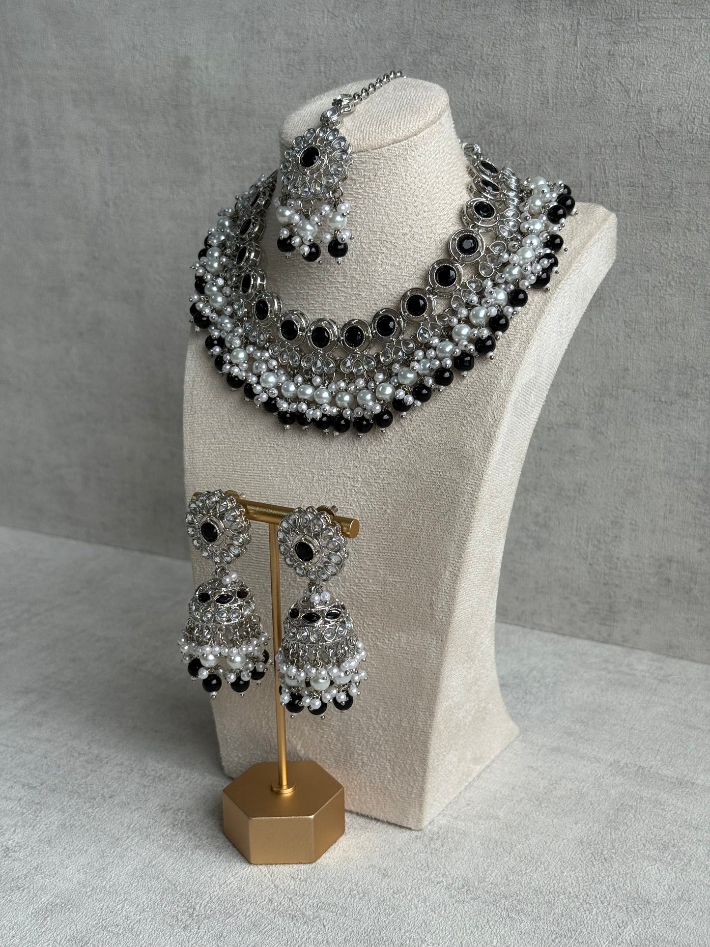 Ayura Designs Barira Set – Necklace, Jhumkis & Tikka with Black Stones, Pearls & Antique Silver Finish